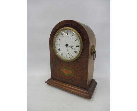 An Edwardian mahogany and burr yew inlaid dome topped mantle clock, 8 1/2" h.