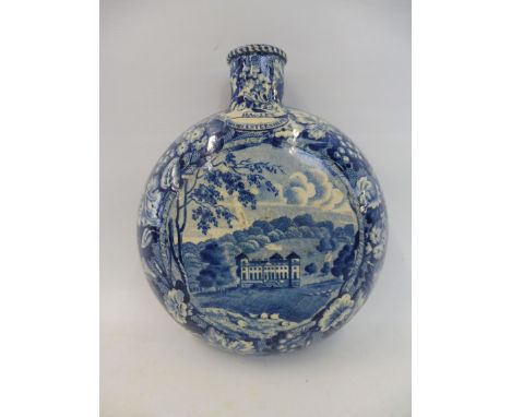 An unusual 19th Century blue and white flask, probably Worcester factory, the design with a central scene of a hall, set with