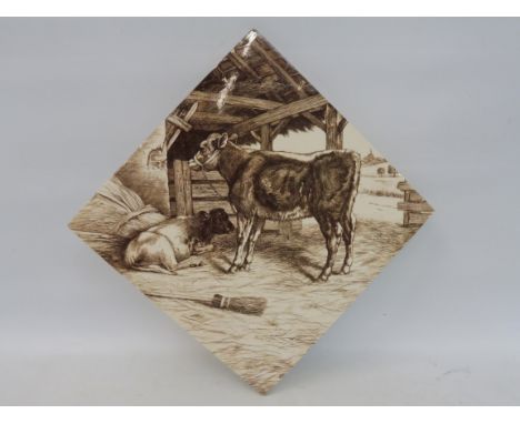 A rare 19th Century large lead glazed butcher's shop tile depicting cattle by William Wise for Mintons.