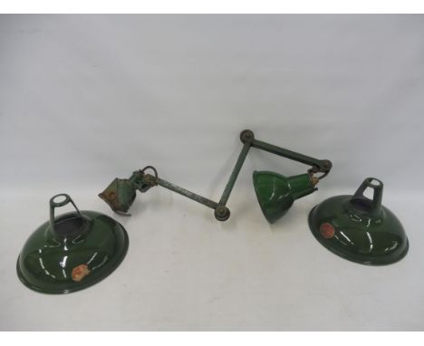Two green enamel Coolicon lamp shades plus an industrial bench mounted angle poise lamp.
