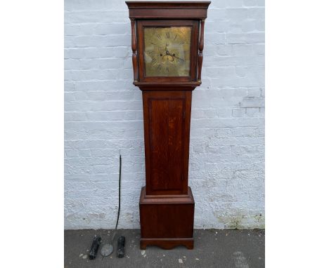 A 19th Century oak cased longcase clock,  with square brass dial, engraved to each corner, with a ship, a shield with a Union