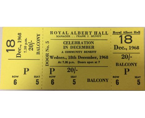 UNUSED LENNON/YOKO 1968 TICKET. An unused ticket for a 1968 Royal Albert Hall gathering at which John Lennon and Yoko Ono per