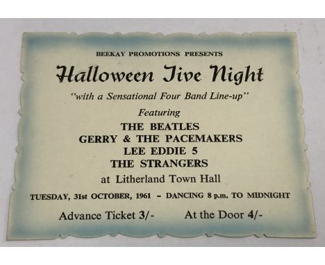 THE BEATLES HALLOWEEN JIVE NIGHT 1961 TICKET. Held at Litherland Town Hall on the 31st October 1961 and starring The Beatles,