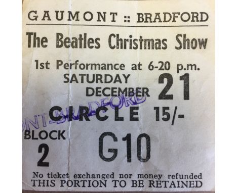 BEATLES BRADFORD CHRISTMAS SHOW TICKET STUB. An original, stamped ticket stub for the Beatles' Christmas show at Gaumont, Bra