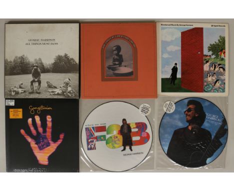 GEORGE HARRISON & RELATED. Fantastic back-catalogue of George releases with 15 LPs playing at 33 and 1/3 with 4 x 12". Titles