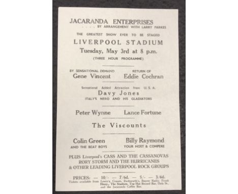 JACARANDA ENTERPRISES 1960 FLYER HANDBILL - BEATLES, RINGO, EDDIE COCHRAN ET AL. Historical handbill for the planned performa