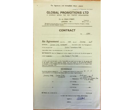 CAVERN CLUB CONTRACT SIGNED BY RAY MCFALL. An original 1966 contract for a Lee Dorsey & The Crew performance at the Cavern Cl