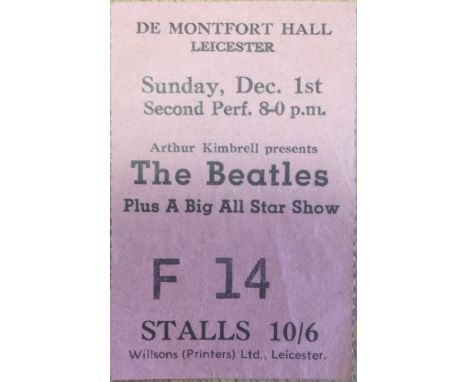 BEATLES DE MONTFORT TICKET STUB. An original ticket stub for a Beatles performance at De Montfort Hall, Leicester on Sunday D
