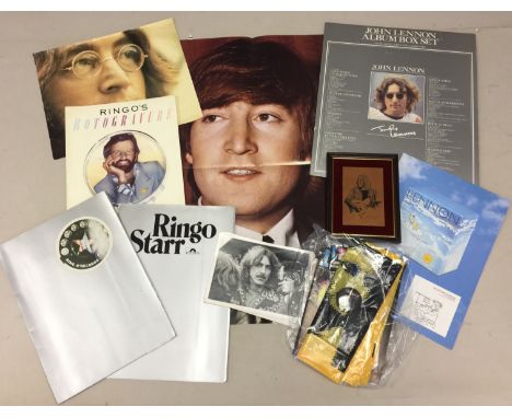 BEATLES SOLO PRESS/PROMO PACKS. Approx 10 pieces of Beatles solo ephemera to include: a framed printed metal portrait of John