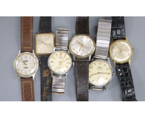 Six assorted gentleman's wrist watches including Timex, Astral, Silver and Rotary.