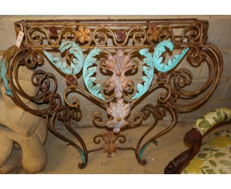 A painted wrought iron console table base, W.110cm, D.41cm, H.110cm