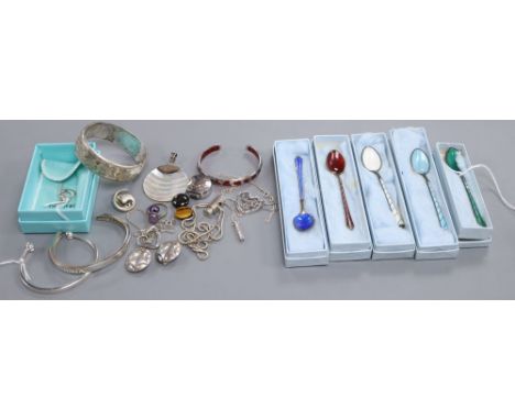 Egon Lauridsen, Denmark, a set of five silver-gilt and enamel coffee spoons and a collection of modern silver jewellery, incl