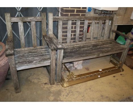 A weathered teak garden bench and matching chair, bench W.150cm, D.52cm, H.98cm