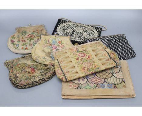 A petit point handbag and six othersCONDITION: The fine petit point bag with pastoral scene is in good condition.  The two ot