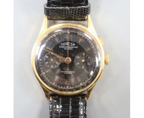 A gentleman's 1060's? 18k Coresa chronograph manual wind wrist watch, on later strap.CONDITION: Case diameter 37mmm ex. crown