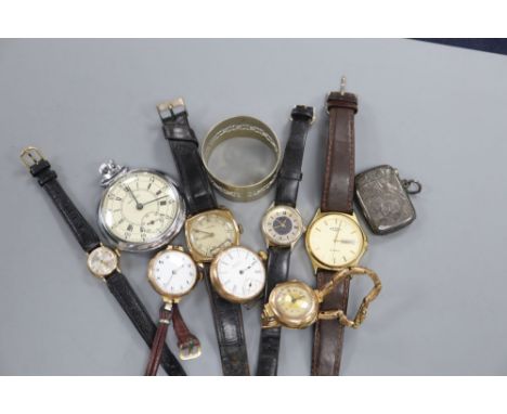 Five assorted 9ct gold wrist watches including Tavannes, two other watches, a pocket watch, silver vesta and plated napkin ri