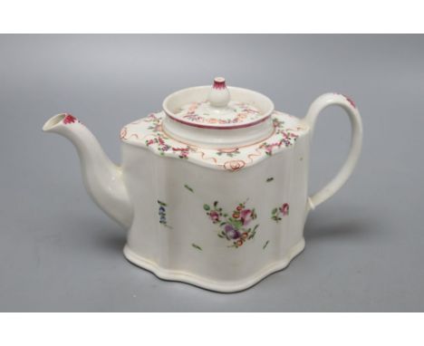 A New Hall 'famille rose' tea pot and cover, circa 1795, 15cm high