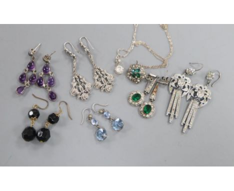 A quantity of white metal earrings and studs including paste and amethyst.