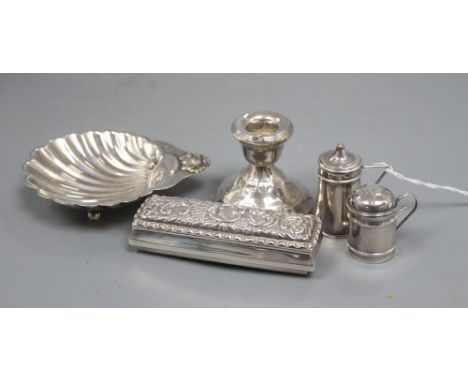 Minor silver including shell butter dish, two condiments, a dwarf candlestick and repousse box.