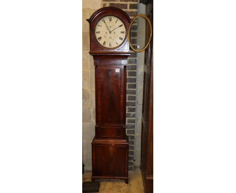 An early 19th century mahogany longcase clock, weights and pendulum present, H.203cm