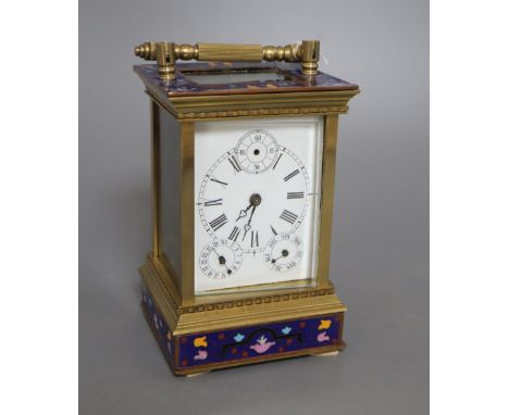 A Chinese cloisonne and brass calendar carriage clock, height 17.5cm