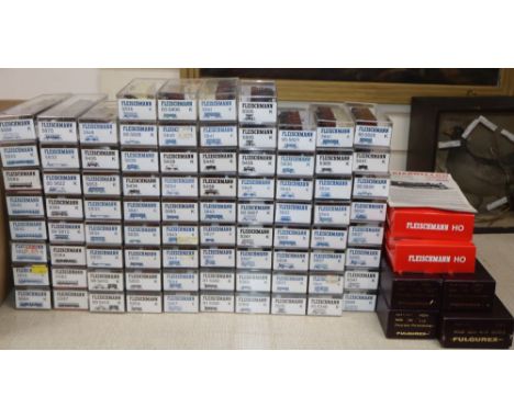 A large collection of Fleischmann HO boxed rolling stock, 2 wagon sets, 17 carriages or cars, 44 wagons, 17 tankers, track, t