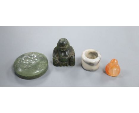 Two hardstone carvings of Buddha, an archer's ring and a box and cover