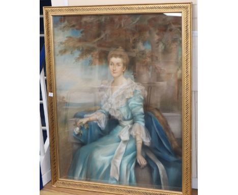 Laura Hope, pastel, Portrait of an 18th century lady seated beneath a tree, signed, 141 x 110cm