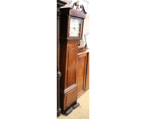 William Bullock, Bath. An early 19th century oak and mahogany eight day longcase clock, with white enamelled dial, H.218cm