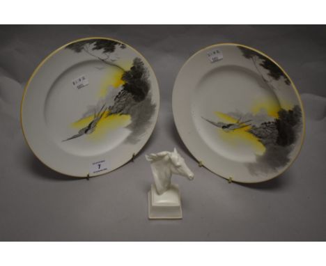 A pair of Shelley pottery salad plates, having yellow and grey transfer pattern depicting swallow and foliate design, both si