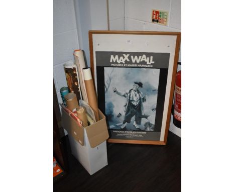 A framed and glazed poster ' Max Wall, pictures by Maggi Hambling, National Portrait Gallery, 1893', an assortment of adverti
