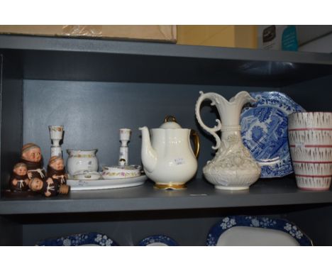 A mixed lot of ceramics including Goebel Monk cruet set, Beleek cream ware vase, mid century abstract vase and similar.