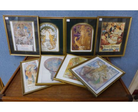 Eight small Art Nouveau prints, framed 