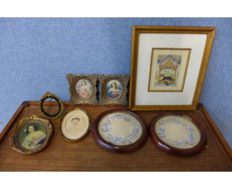 A framed pencil drawing of a young girl, miniatures and other framed prints 