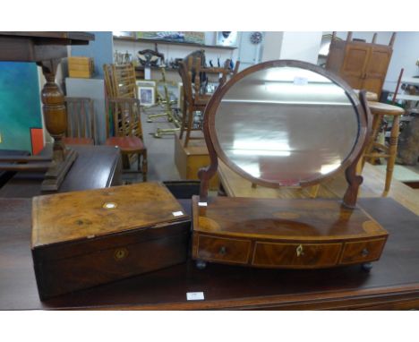 A George III inlaid mahogany toilet mirror and a walnut writing slope, a/f 