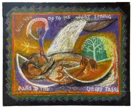 R & F Mo (aka MARYCLARE FOÁ - British b.1956) oil on panel - 'What Spring Does', abstract with verse by Pablo Neruda, inscrib