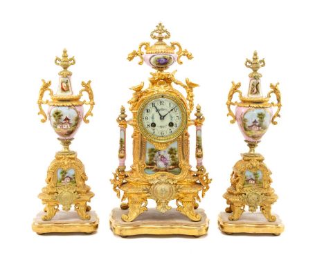 19TH C. FRENCH PORCELAIN-MOUNTED GILT BRONZE CLOCK GARNITURE, A. D. Mougin, the clock with floral Arabic dial and painted por