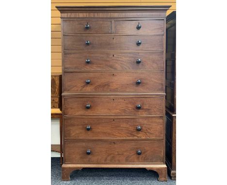 LARGE 19TH C. MAHOGANY CHEST ON CHEST, two short over six long graduated drawers, turned ebony handles, central reeded mouldi