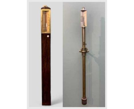 TWO ANTIQUE BAROMETERS including, 19TH C. OAK STICK BAROMETER, Baily, Birmingham, celluloid vernier scale, mercury thermomete