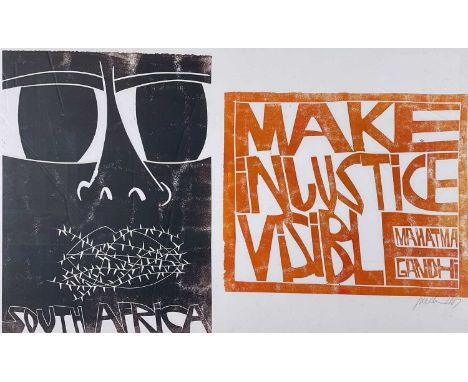 ‡ PAUL PETER PIECH (American-Welsh 1920-1996) woodcut - quote from Mahatma Gandhi, 'Make Injustice Visible', signed and dated