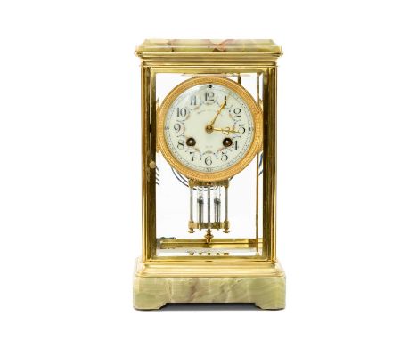 EARLY 20TH C. FRENCH ONYX & GILT BRASS MANTEL CLOCK, Richard et Cie, signed movement numbered 2250, striking a coiled gong wi