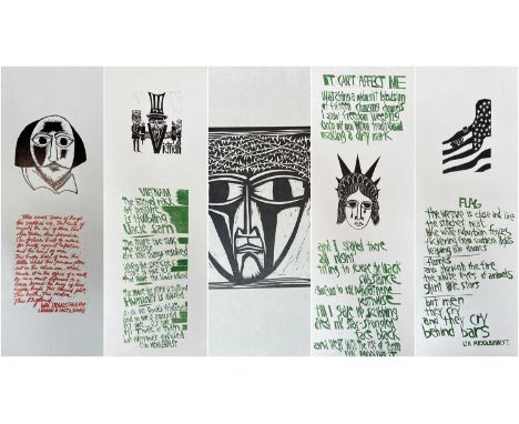 ‡ PAUL PETER PIECH (American, lived/worked Wales 1920-1996) a selection of five woodcut prints, various topics and quotes, al