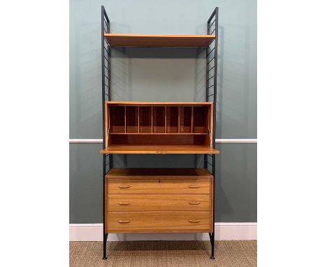 MID-CENTURY LADDERAX MODULAR SHELVING UNIT comprising, two side panel uprights, one three drawer chest, bureau with cubby-hol