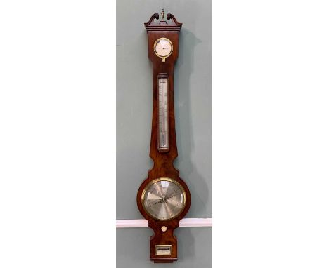 19TH C. MAHOGANY BANJO BAROMETER. L.Casartelli (Liverpool), swan neck pediment with brass finial, tapering mahogany case, sil