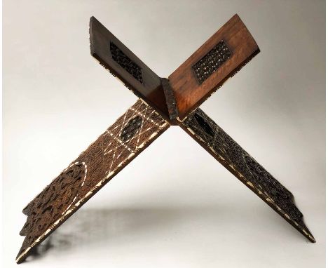 KORAN STAND, folding form, carved hardwood with Mother of Pearl and bone inlay, 67cm H x 96cm x 25cm.