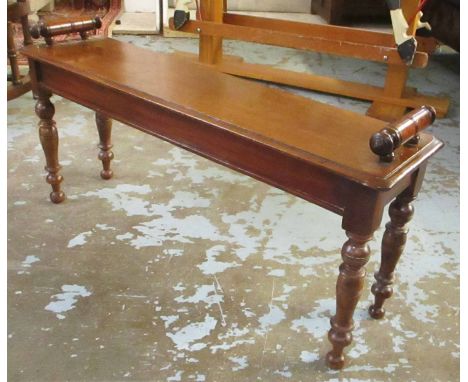 HALL BENCH, Victorian mahogany on turned supports, 96cm W x 47cm H x 25cm D. (with faults)