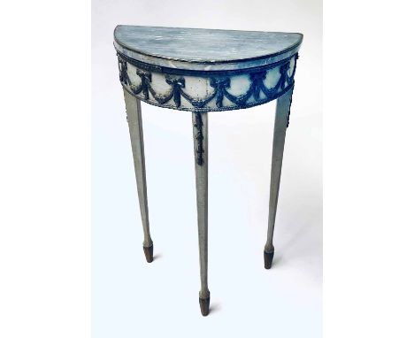 CONSOLE TABLE, late 19th/early 20th century Italian Neoclassical demi lune grey painted with swag decoration and marble top, 