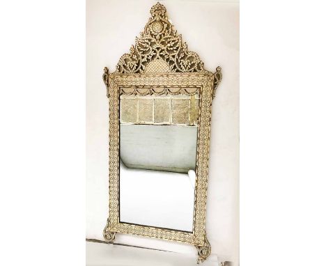 WALL MIRROR, 19th century Moorish hardwood, bone, Mother of Pearl and silvered metal inlay, rectangular with crest and swag, 