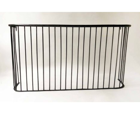NURSERY FENDER, early 20th century vintage shaped iron with pillar balustrade, 121cm W x 66cm H x 35cm D.