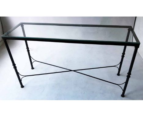 CONSOLE TABLE, rectangular glazed with X stretchered patinated bronze style support, 139cm x 43cm x 75cm H.